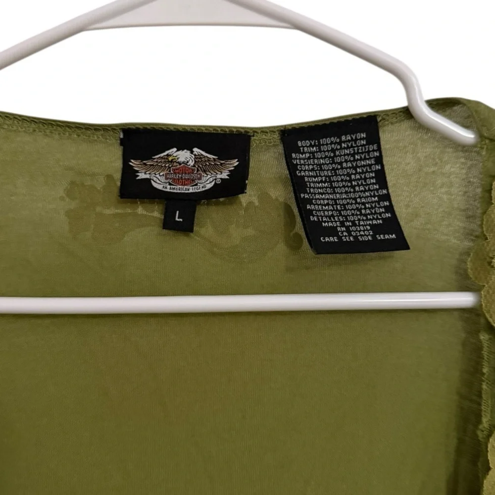 Harley Davidson Y2K 2005 Lace Trim Cropped Cardigan Olive Green Women’s Large